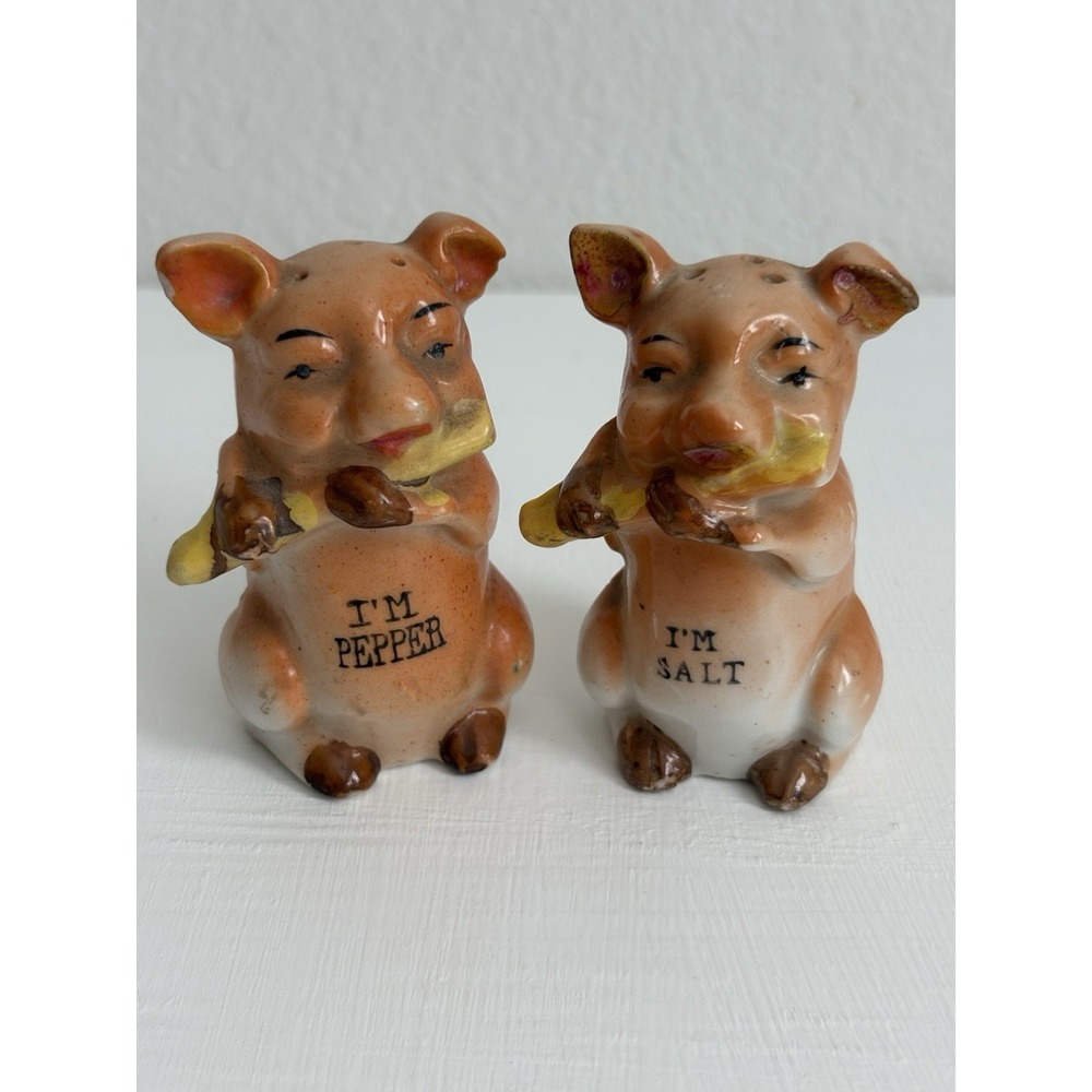 Vintage Made In Japan Pig Salt Pepper Shakers I'm Salt I'm Pepper Corn Set Cute